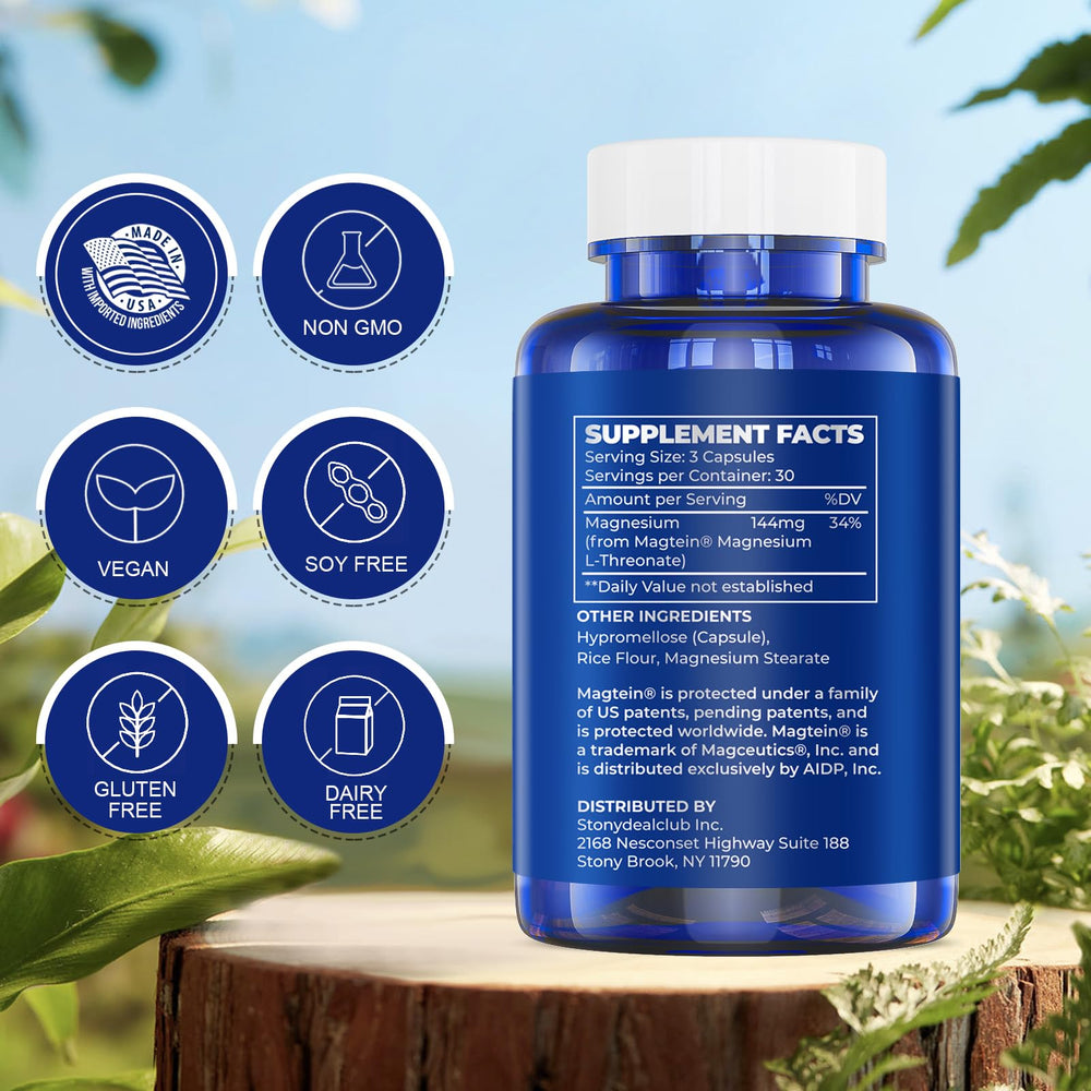 Life Capx Magtein capsules label details allergen-free, GMO-free ingredients and GMP standards.