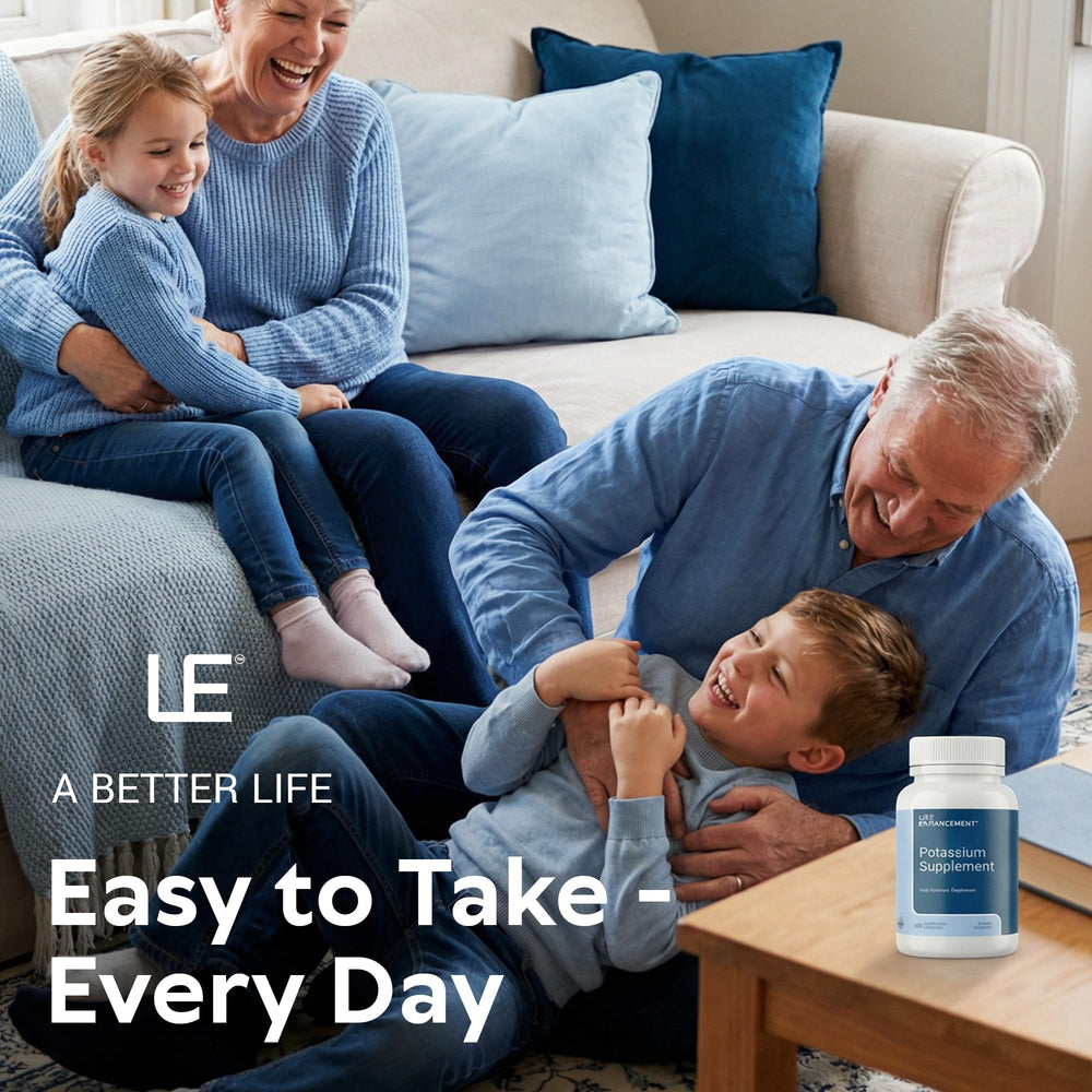 Life Enhancement Potassium capsule stack illustrates consistent, high-potency daily nutrition.