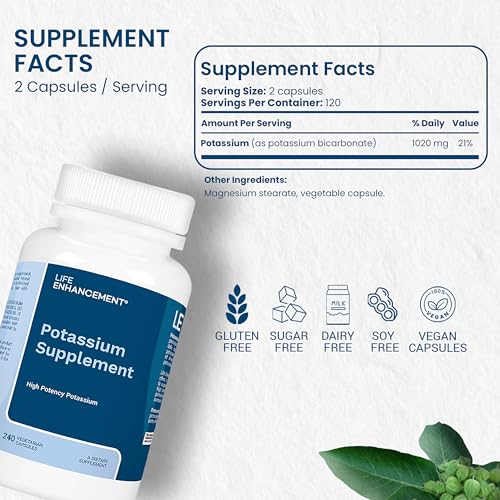 Life Enhancement Potassium capsules closeup highlighting veggie capsules for easy digestion.