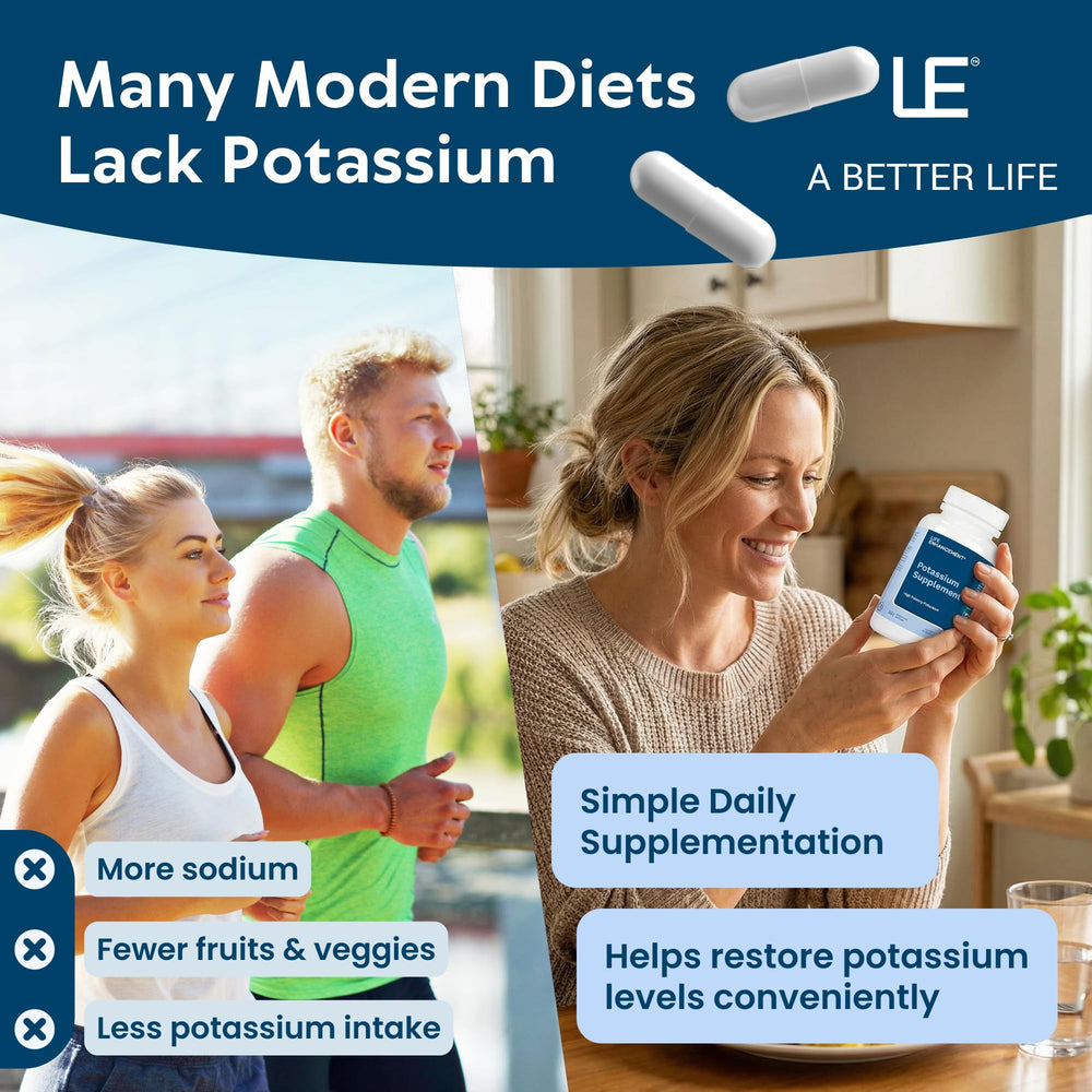 Life Enhancement Potassium daily dose on a clean background suggests simple routine.