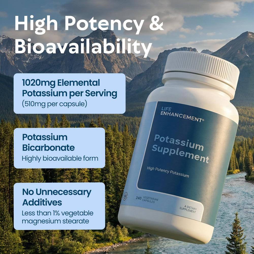 Life Enhancement Potassium pour shot demonstrates convenient intake.