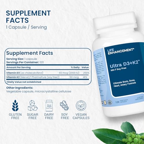 Life Enhancement Vitamin D3 K2 2000iu bottle back label with soy-free ingredients.