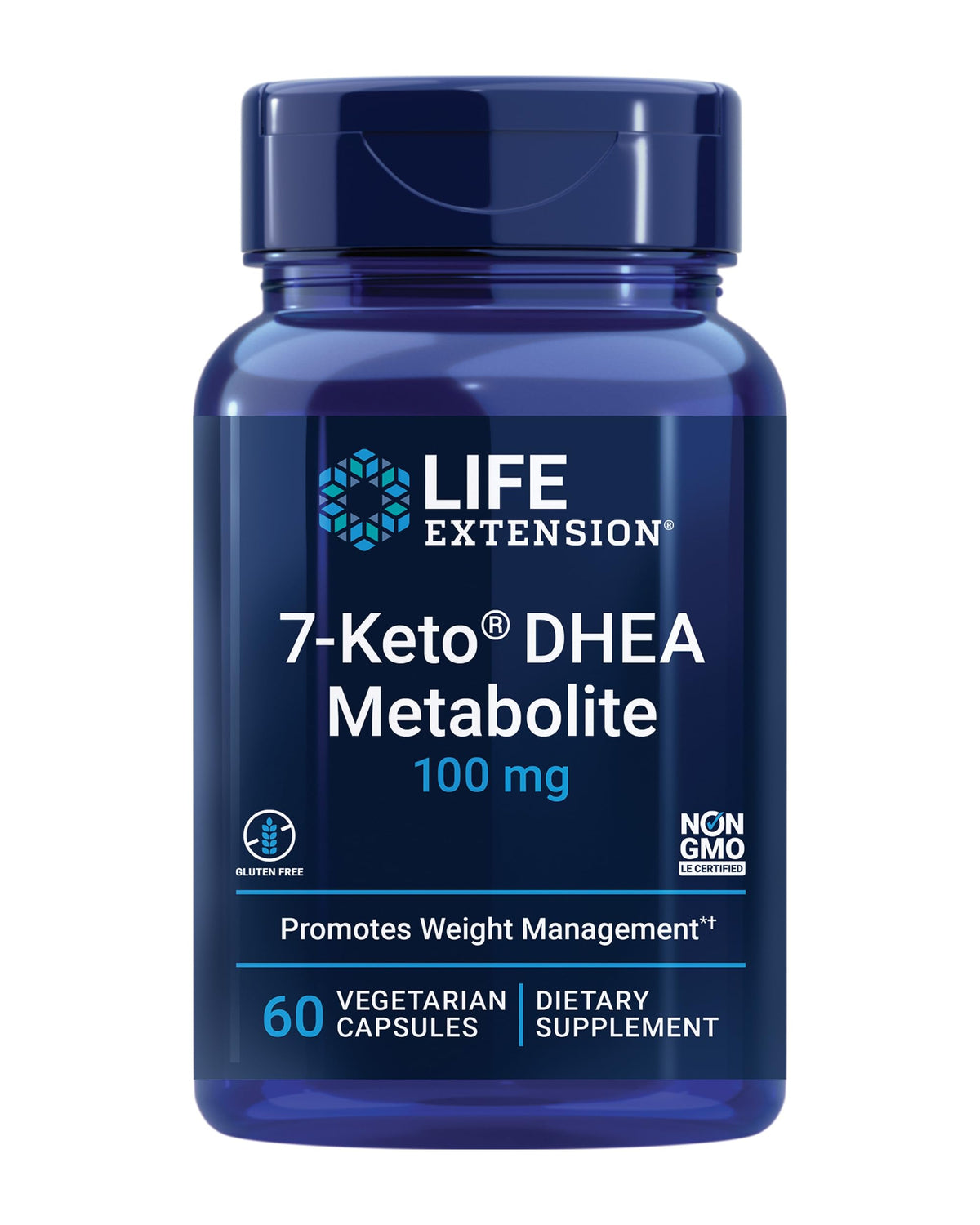 Life Extension 7-Keto DHEA bottle front shows non-GMO formulation for healthy weight support.