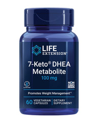 Life Extension 7-Keto DHEA bottle front shows non-GMO formulation for healthy weight support.