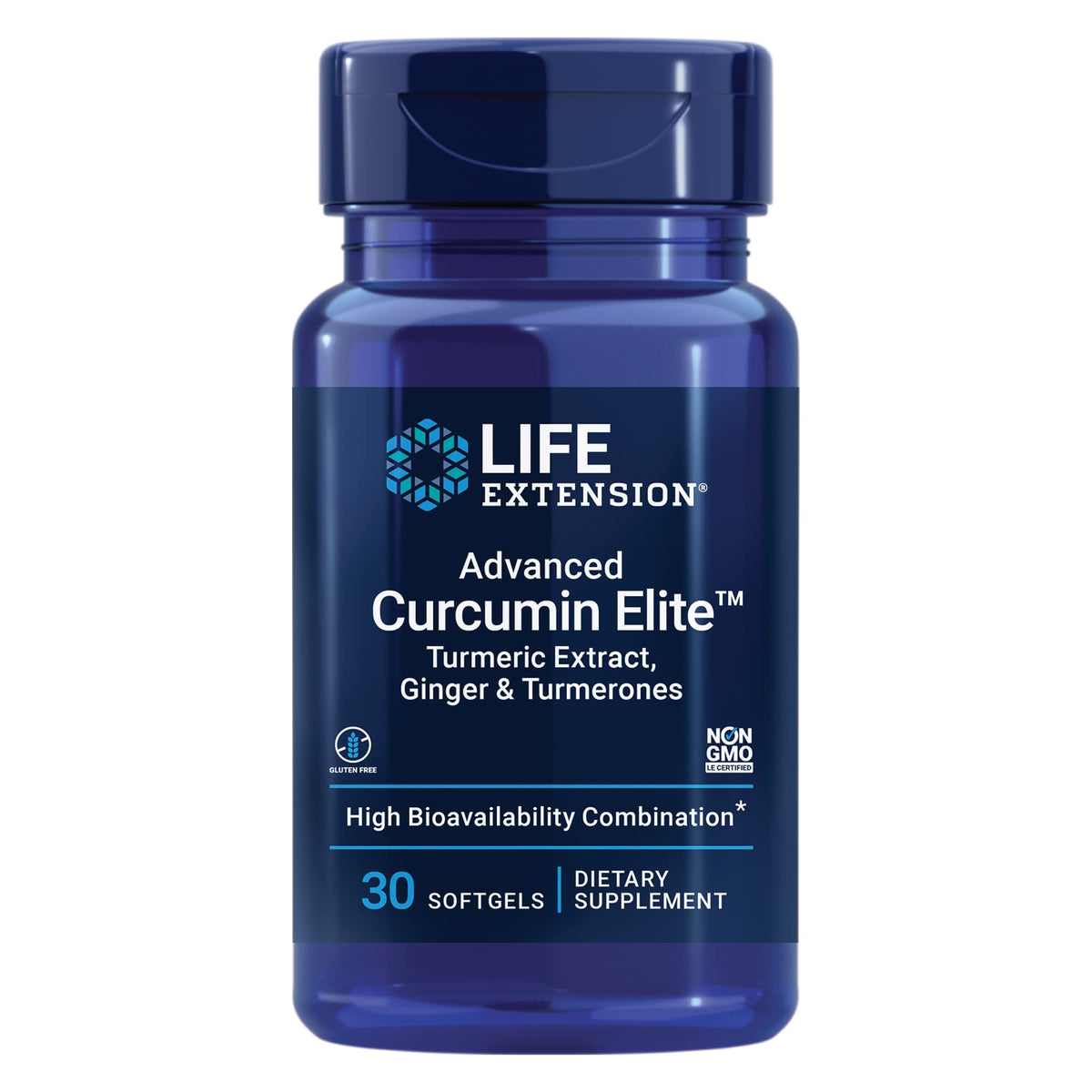 Life Extension Advanced Curcumin Elite bottle front highlights the turmeric blend for inflammation support.
