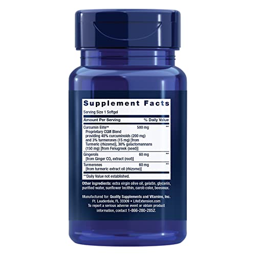 Life Extension Advanced Curcumin Elite capsules closeup shows glossy softgels promoting healthy inflammation response.
