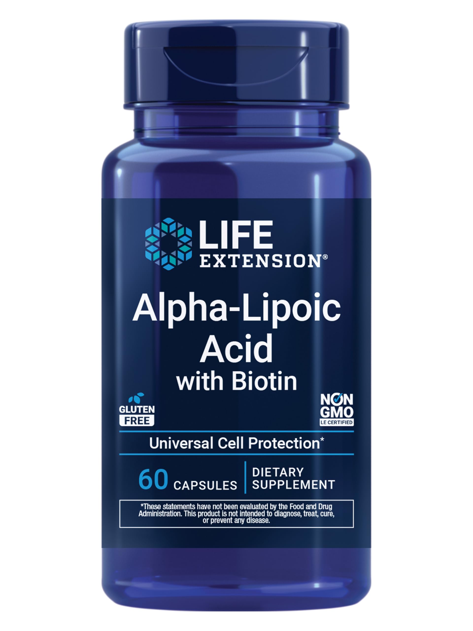 Life Extension Alpha-Lipoic Acid bottle front highlighting the brand and antioxidant support.