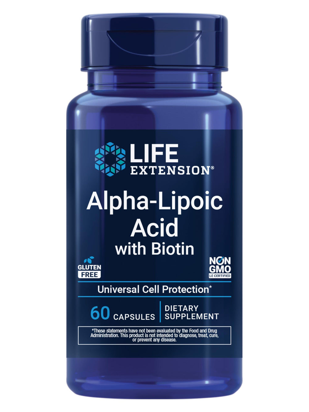 Life Extension Alpha-Lipoic Acid bottle front highlighting the brand and antioxidant support.