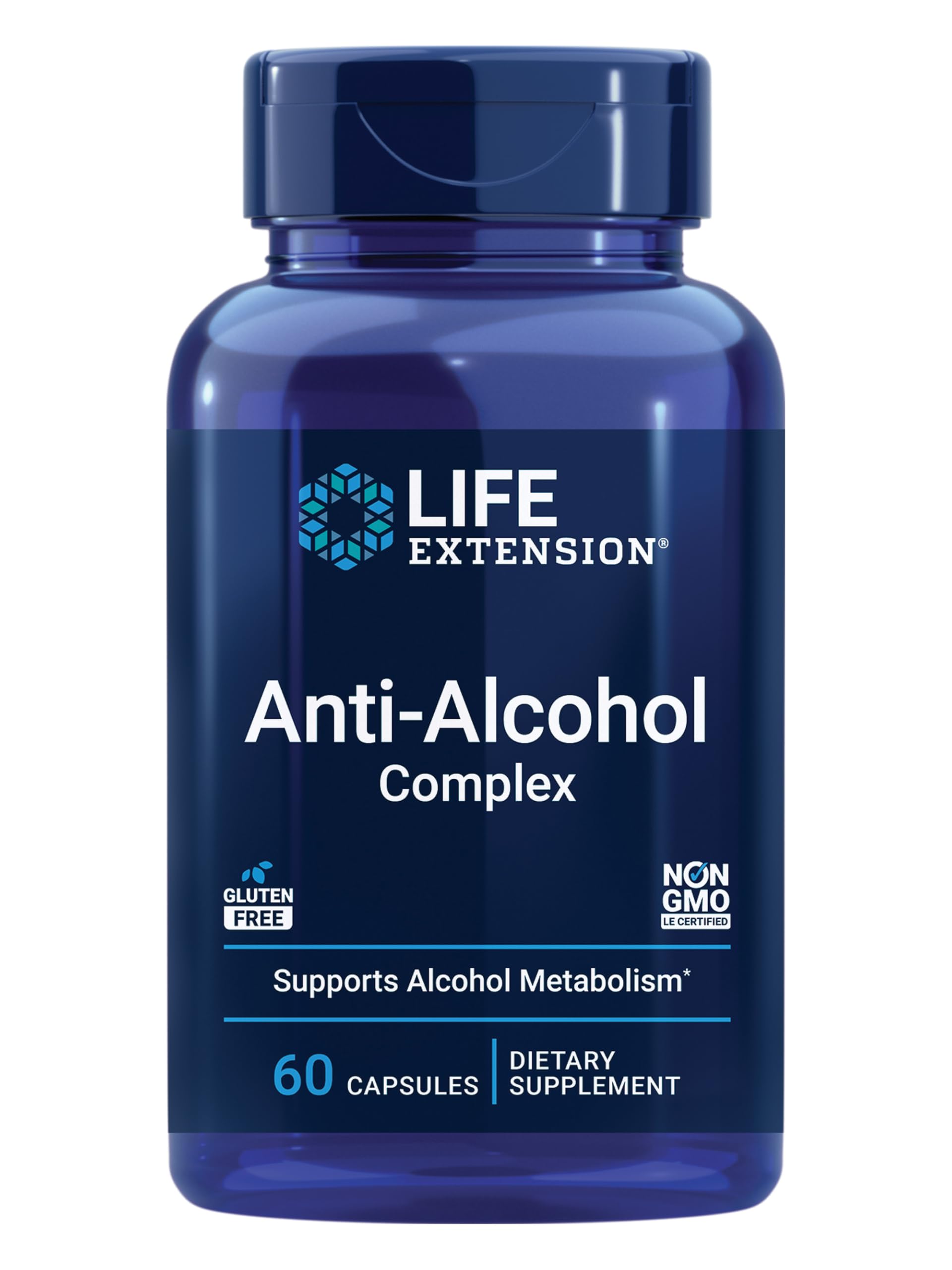 Life Extension Anti-Alcohol Complex bottle showcases liver support benefits.