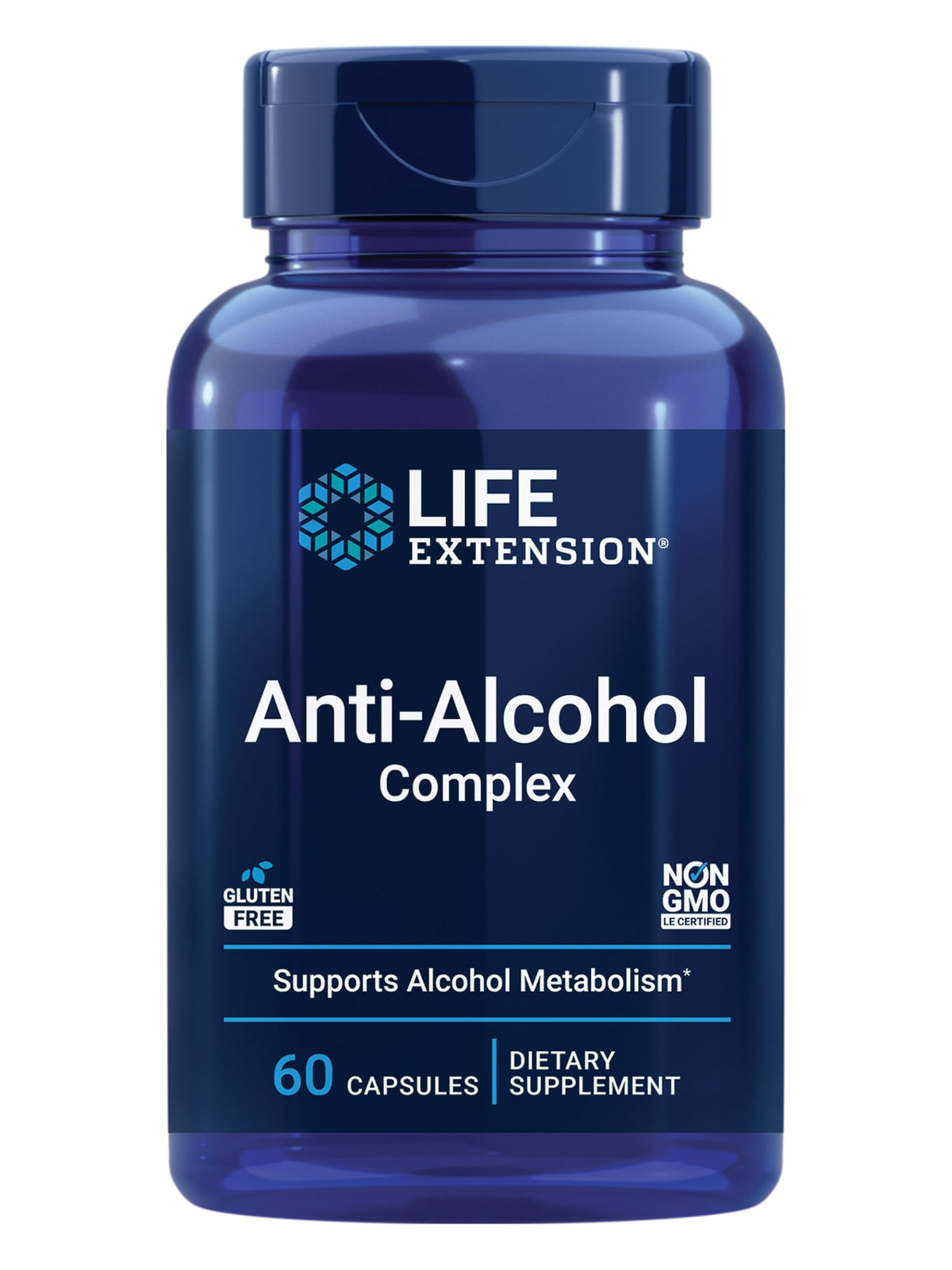 Life Extension Anti-Alcohol Complex bottle showcases liver support benefits.