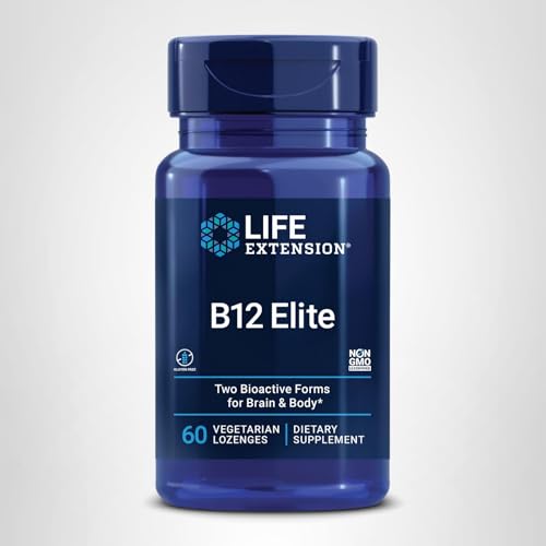 Life Extension B12 Elite packaging emphasizes energy and brain health benefits.