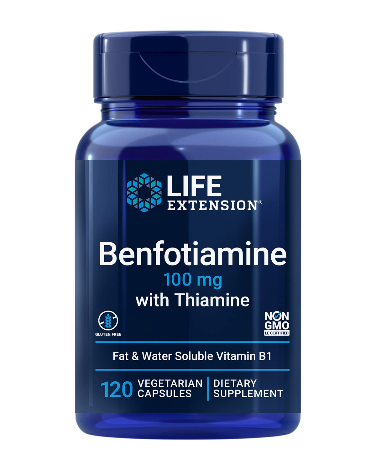 Life Extension Benfotiamine bottle front with non-GMO and gluten-free labeling for metabolism support.