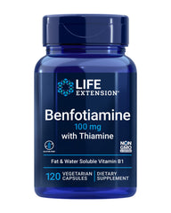 Life Extension Benfotiamine bottle front with non-GMO and gluten-free labeling for metabolism support.