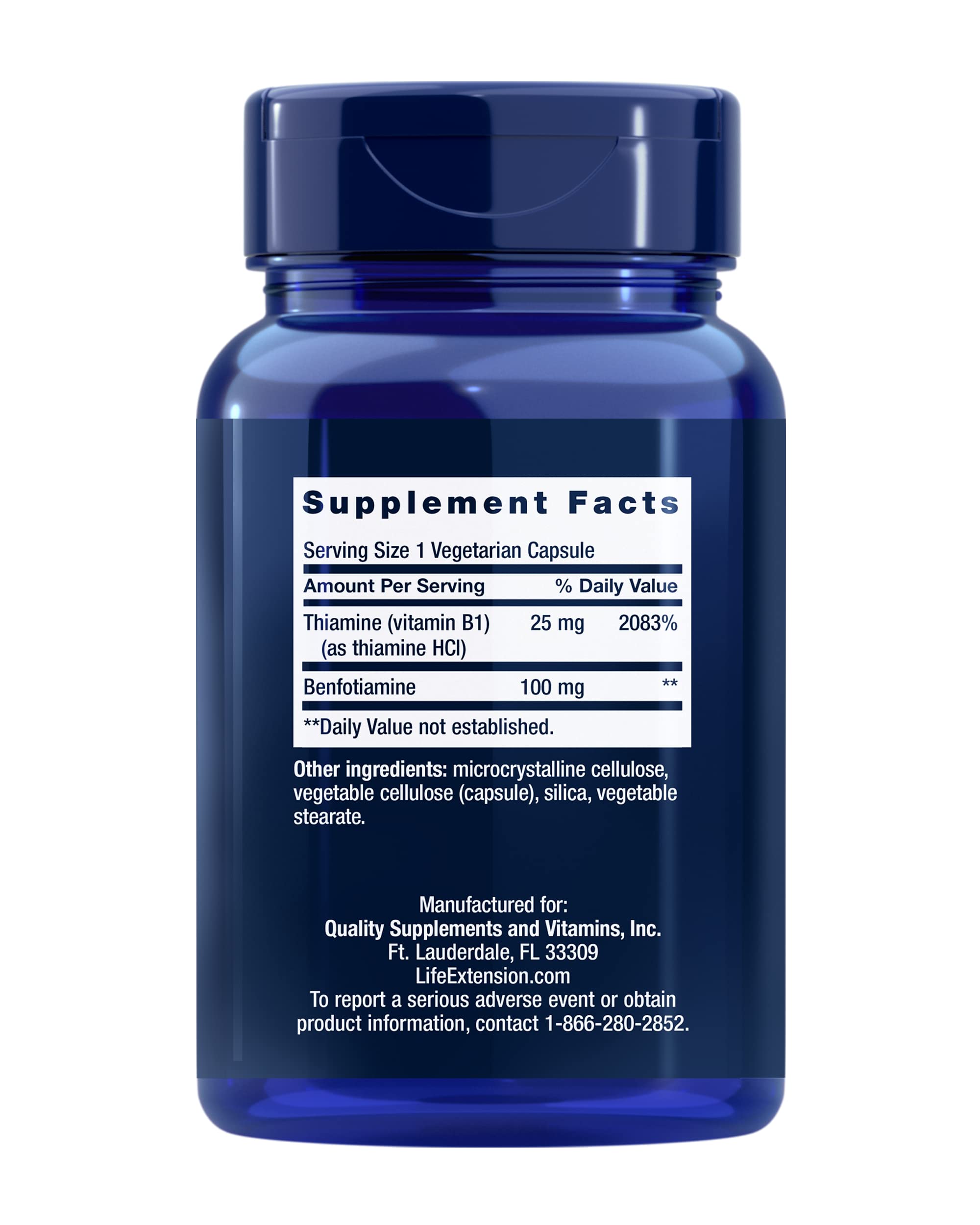 Life Extension Benfotiamine capsules close-up suggests fast-acting, bioavailable B1 support.