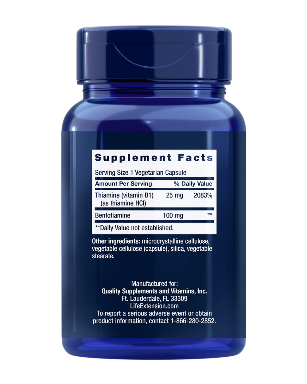 Life Extension Benfotiamine capsules close-up suggests fast-acting, bioavailable B1 support.