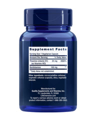 Life Extension Benfotiamine capsules close-up suggests fast-acting, bioavailable B1 support.