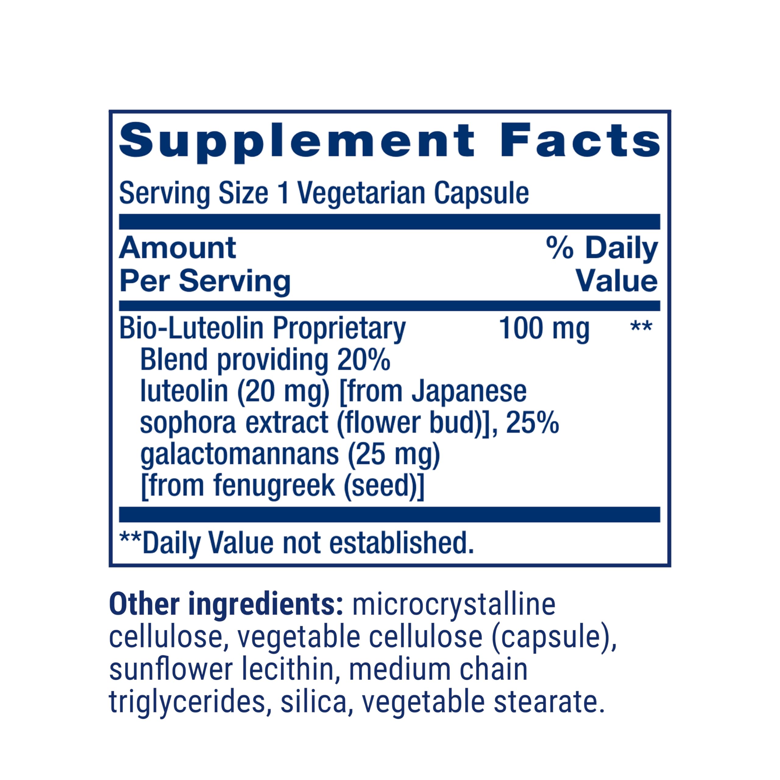 Life Extension Bio-Luteolin label emphasizes gluten-free, non-GMO, vegetarian capsules.