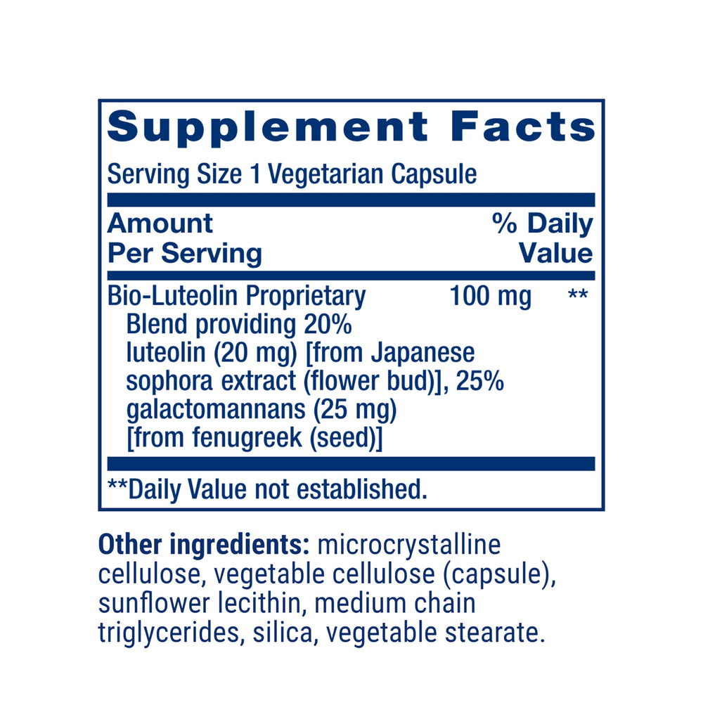 Life Extension Bio-Luteolin label emphasizes gluten-free, non-GMO, vegetarian capsules.