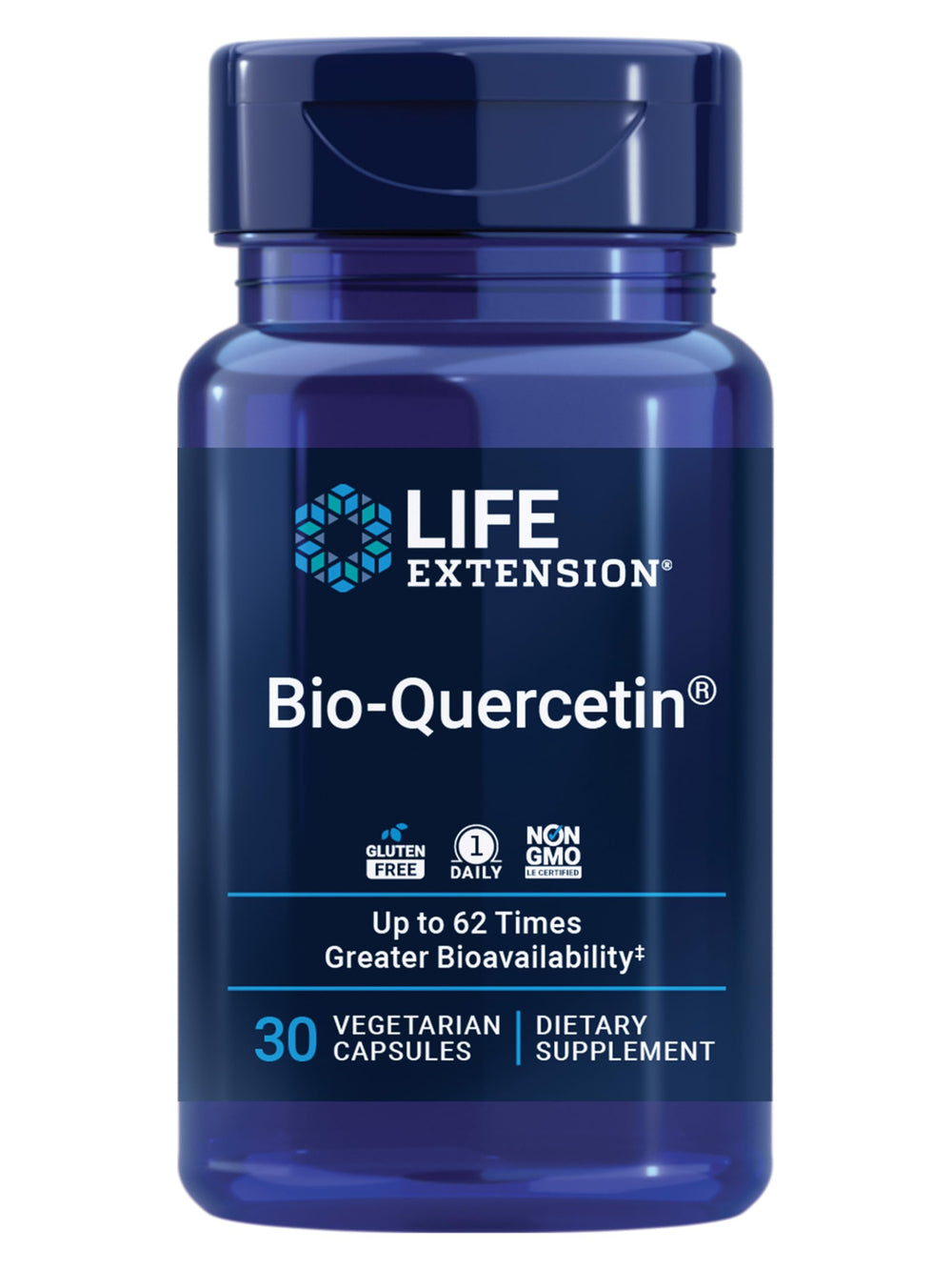 Life Extension Bio-Quercetin bottle for daily immune support in a clean kitchen setting.