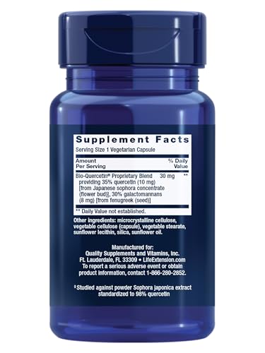Close-up of Life Extension Bio-Quercetin capsules, showcasing veggie capsules for a plant-based option.
