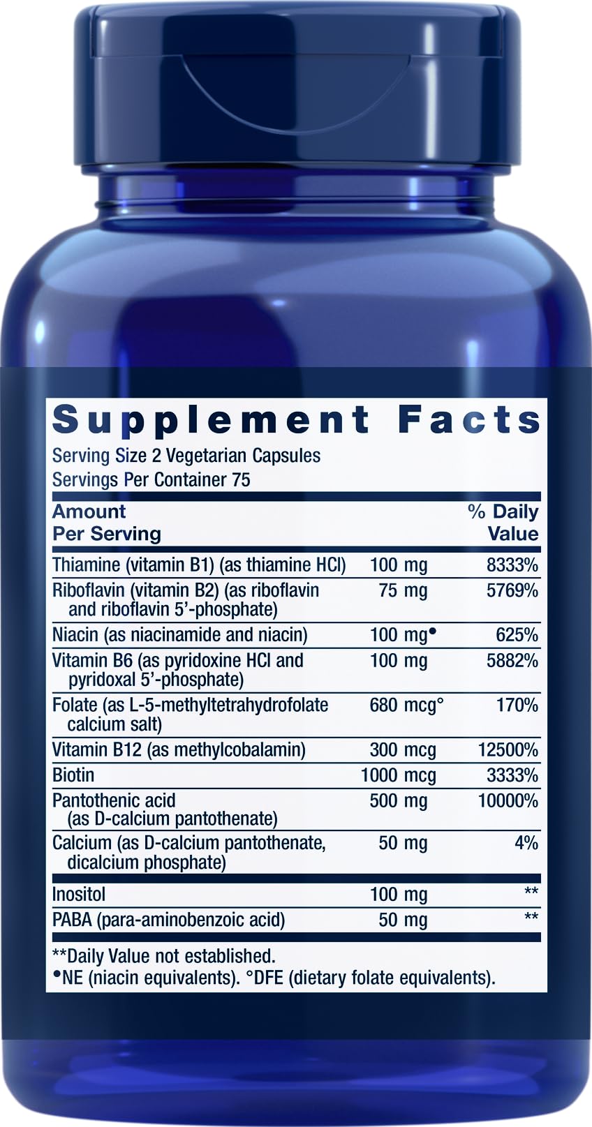 Life Extension BioActive Complete B-Complex bottle label showing full B vitamin spectrum and vegetarian formula.