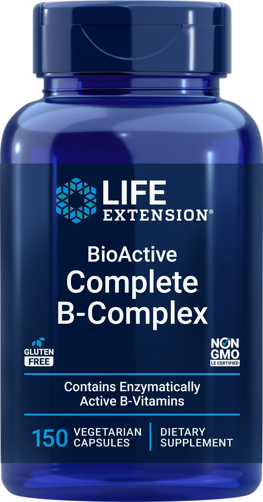 Life Extension BioActive Complete B-Complex capsules close-up for enhanced absorption and daily use.