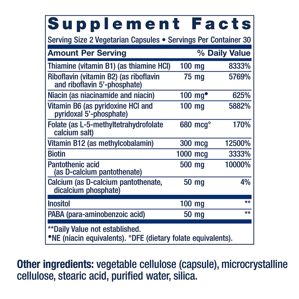 Life Extension BioActive Complete B-Complex label showing 5-MTHF and methylcobalamin.
