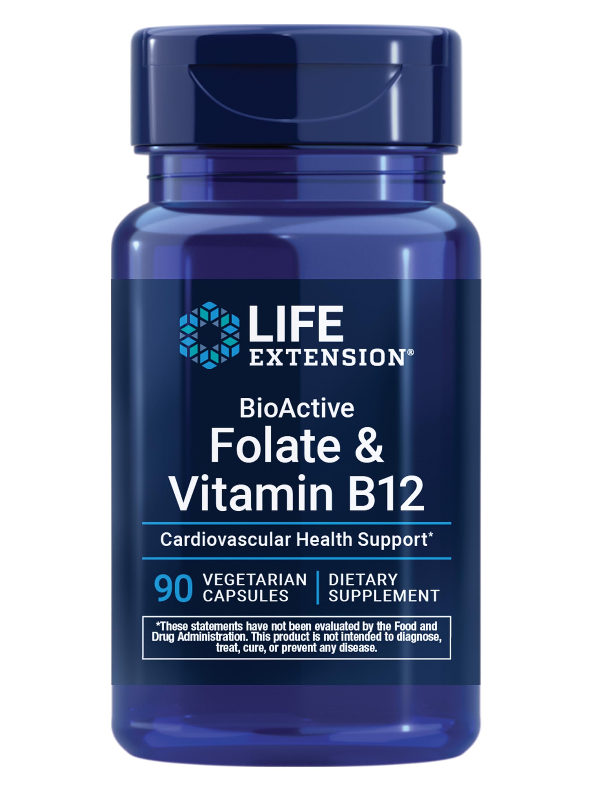 Life Extension BioActive Folate B12 bottle label showing non-GMO and gluten-free vitamins.