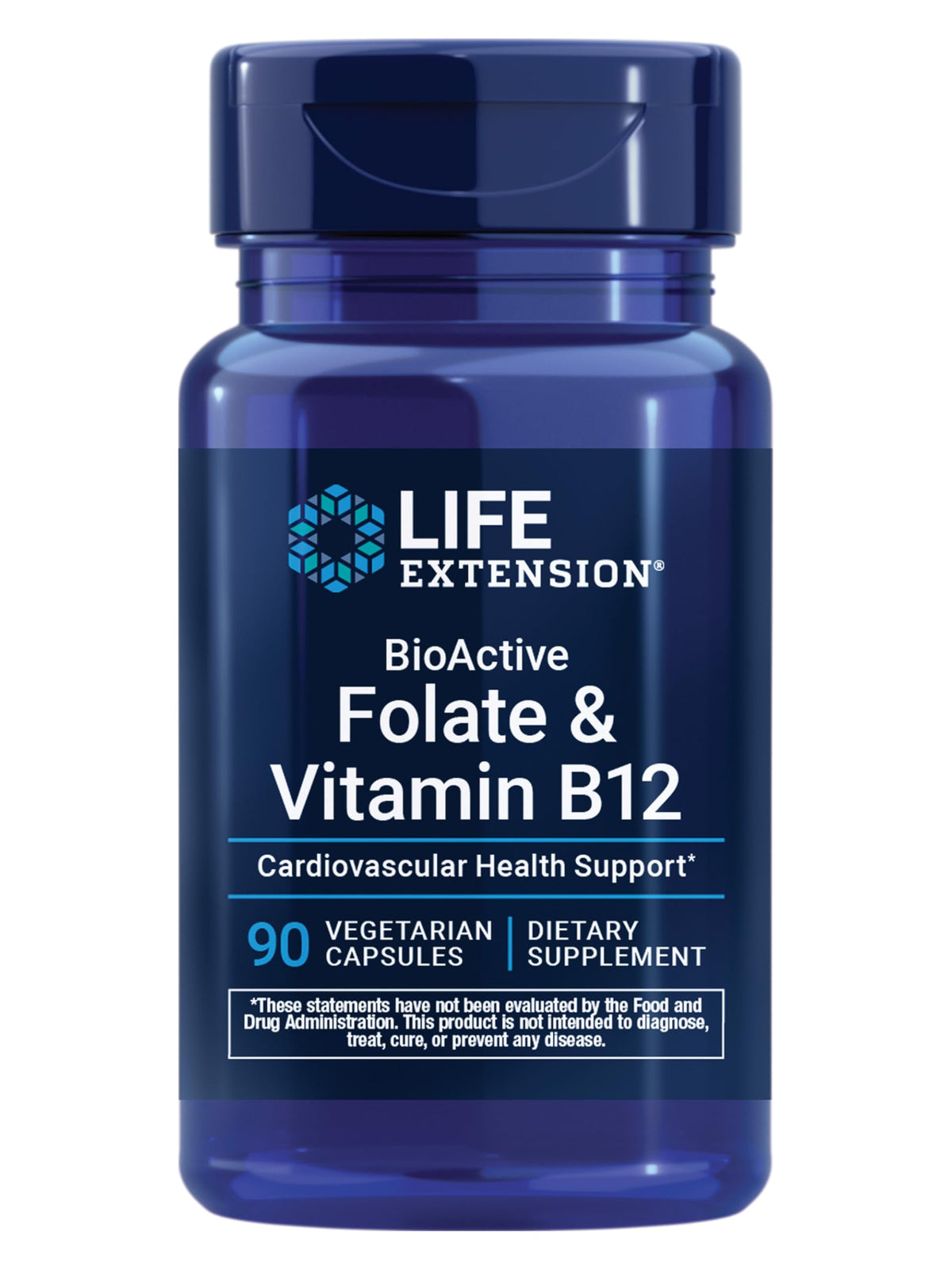 Life Extension BioActive Folate B12 bottle label showing non-GMO and gluten-free vitamins.