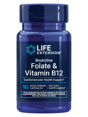 Life Extension BioActive Folate B12 bottle label showing non-GMO and gluten-free vitamins.