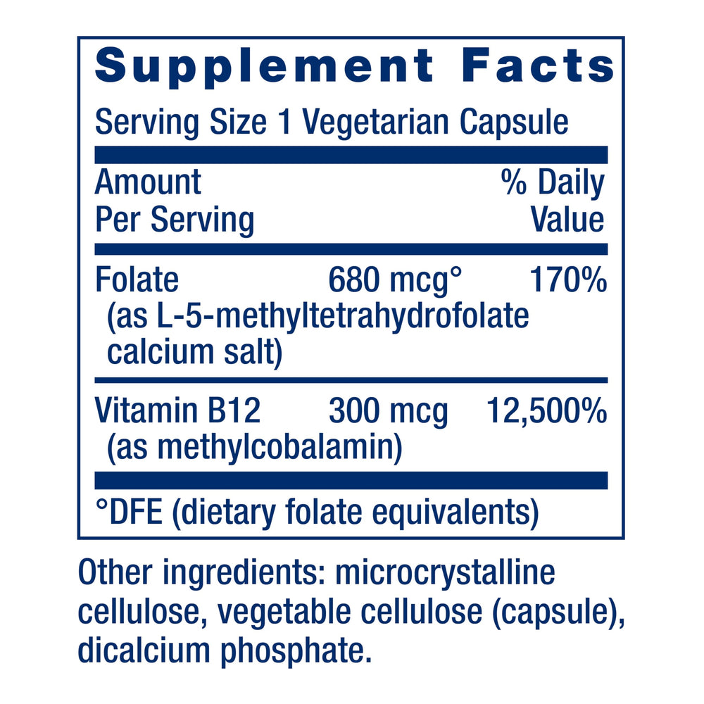 Life Extension BioActive Folate B12 bottle pour illustrating easy daily dosage.