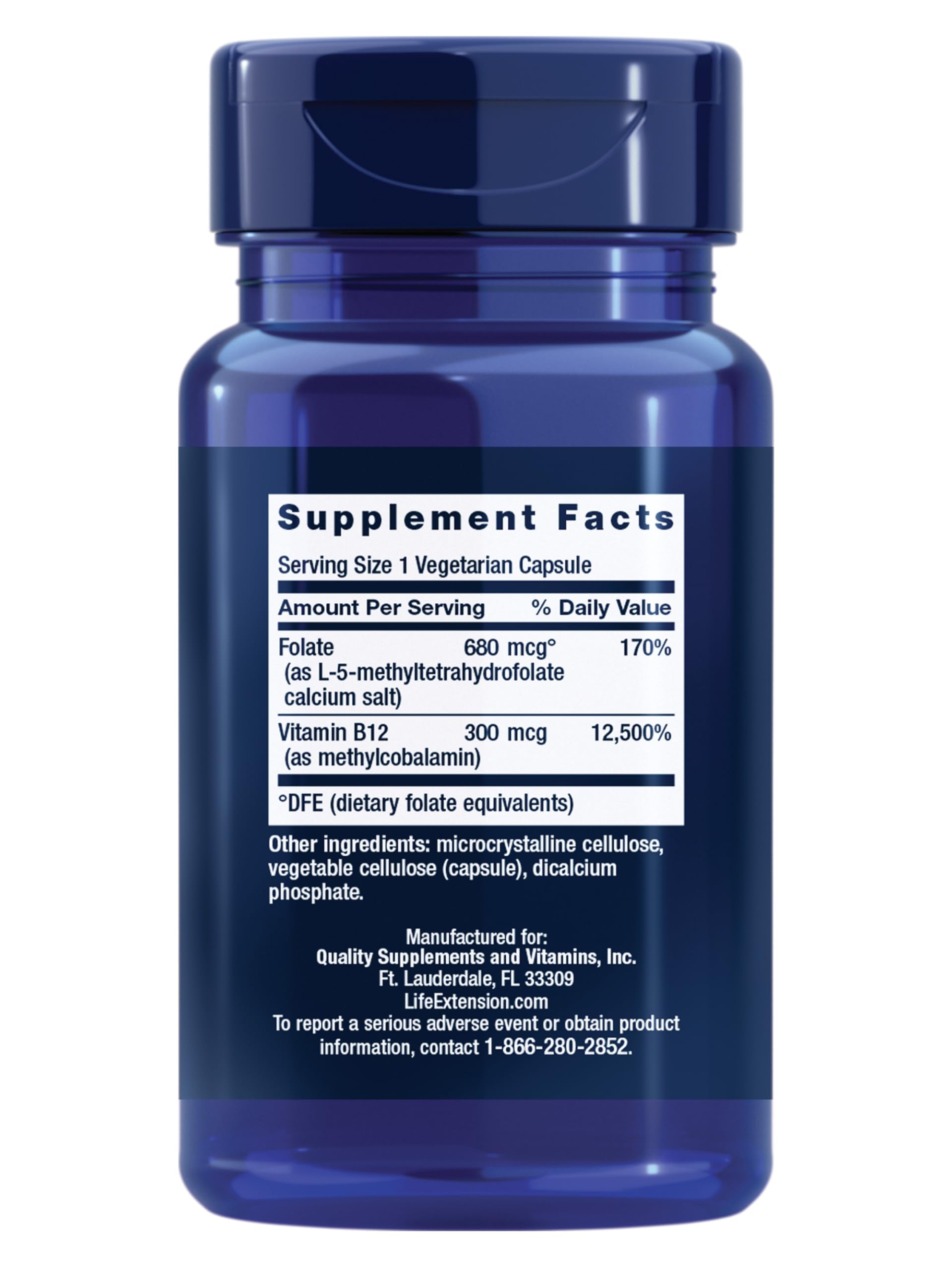 Life Extension BioActive Folate B12 capsules closeup highlighting methylcobalamin benefits.