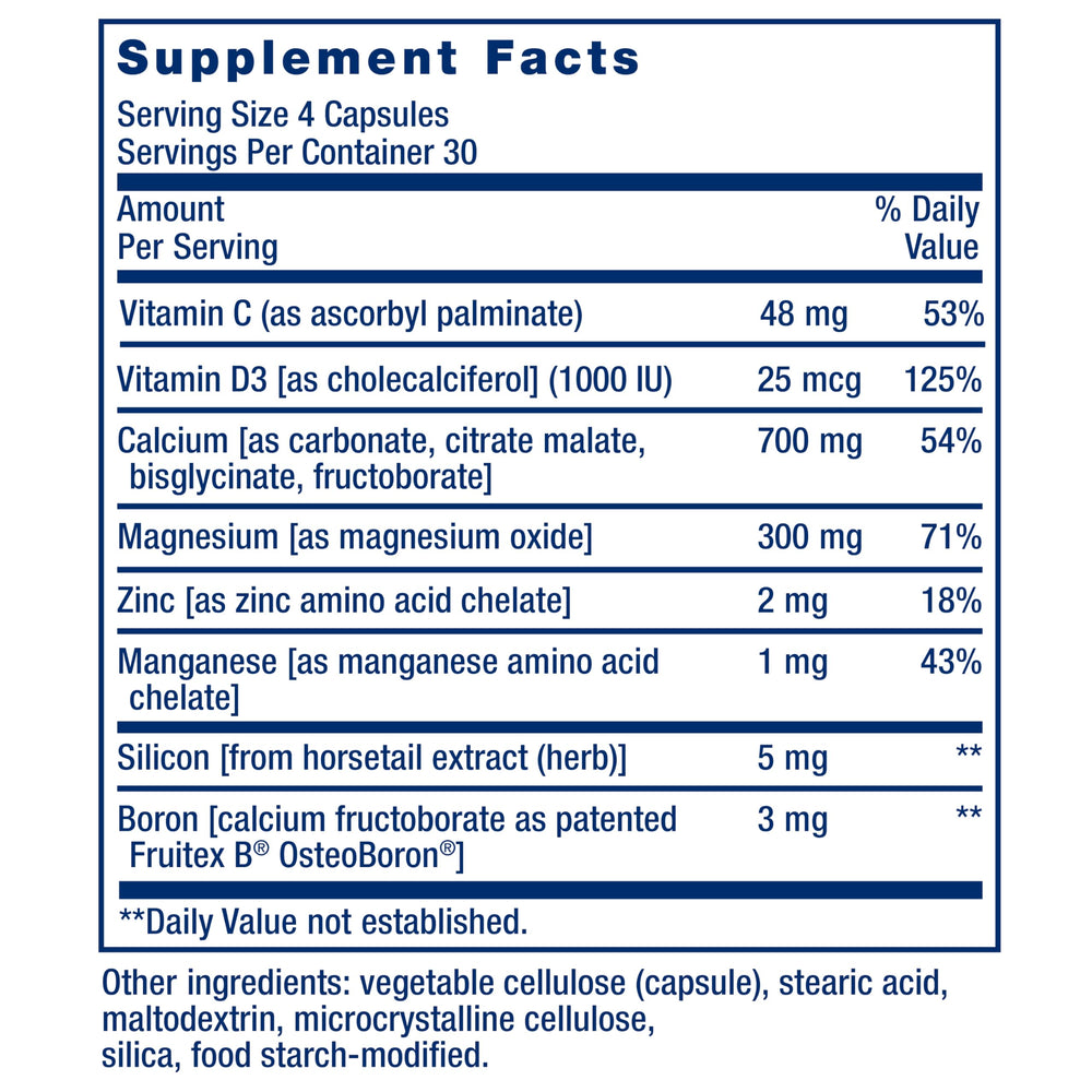 Bone Restore bottle with dosing info highlighting vitamin D3.