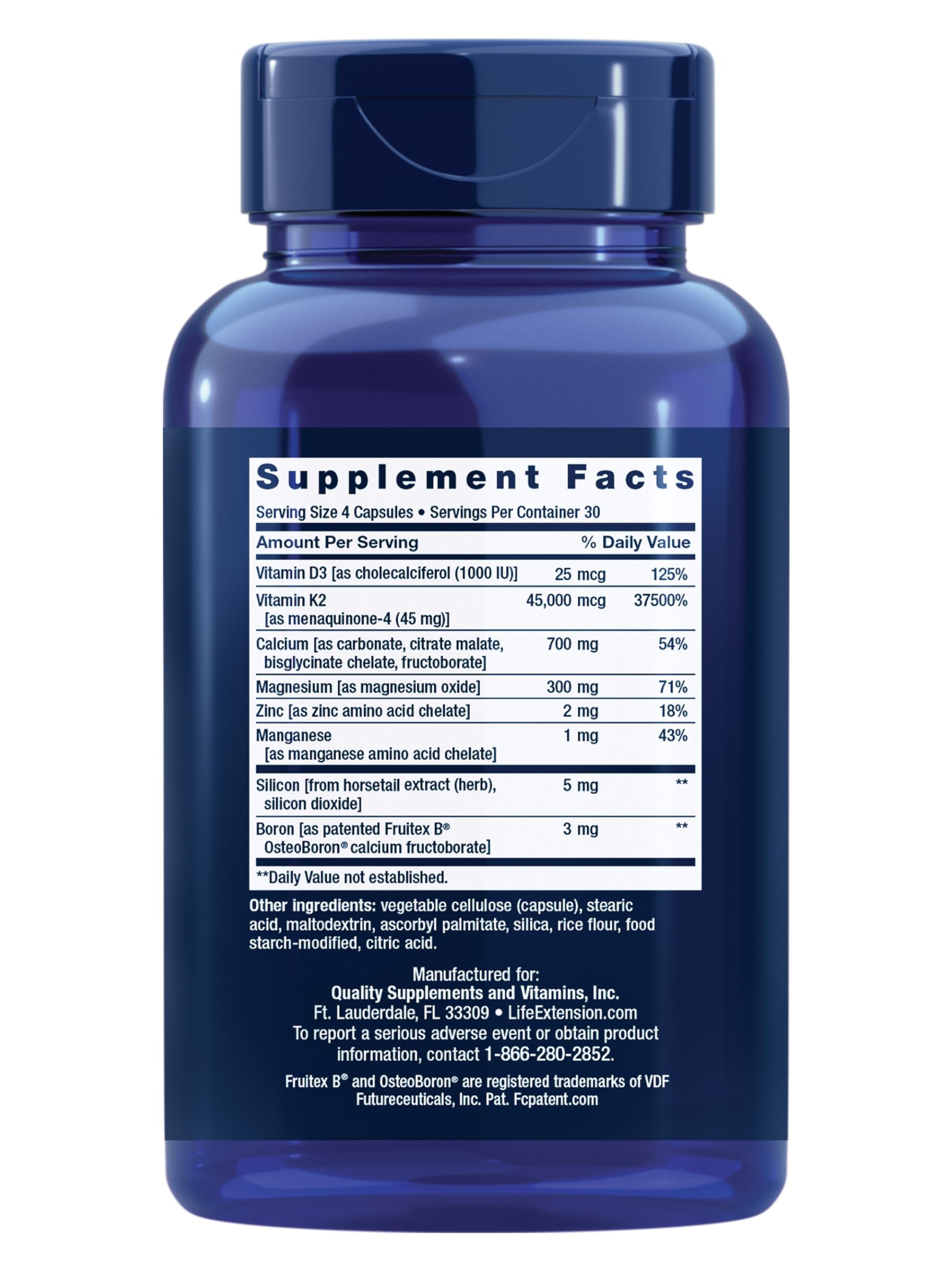 Closeup of Life Extension Bone Restore Elite capsules highlighting K2 and calcium blend