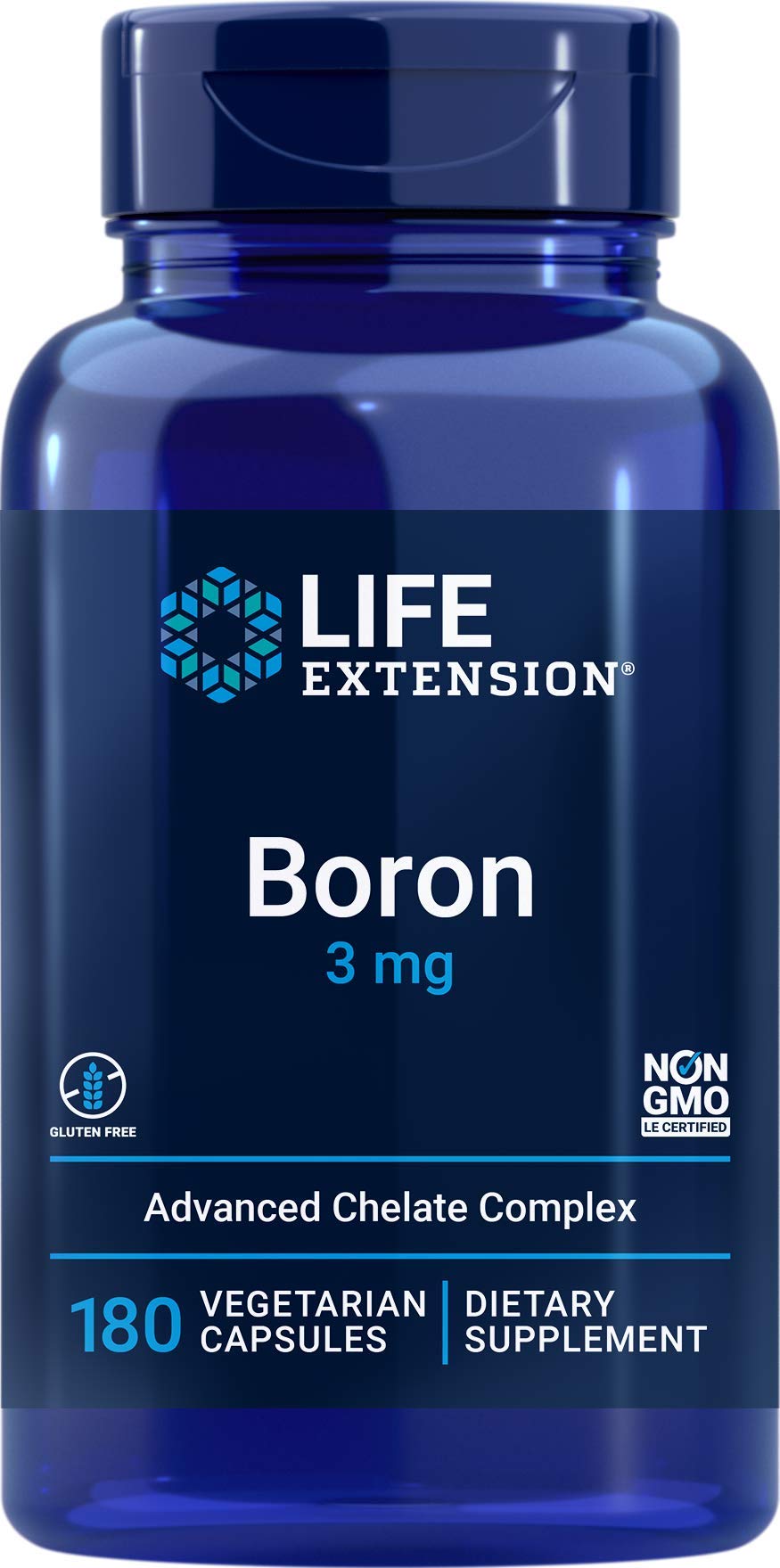 Life Extension Boron 3mg tri-form bottle showcases three boron forms for bone support.
