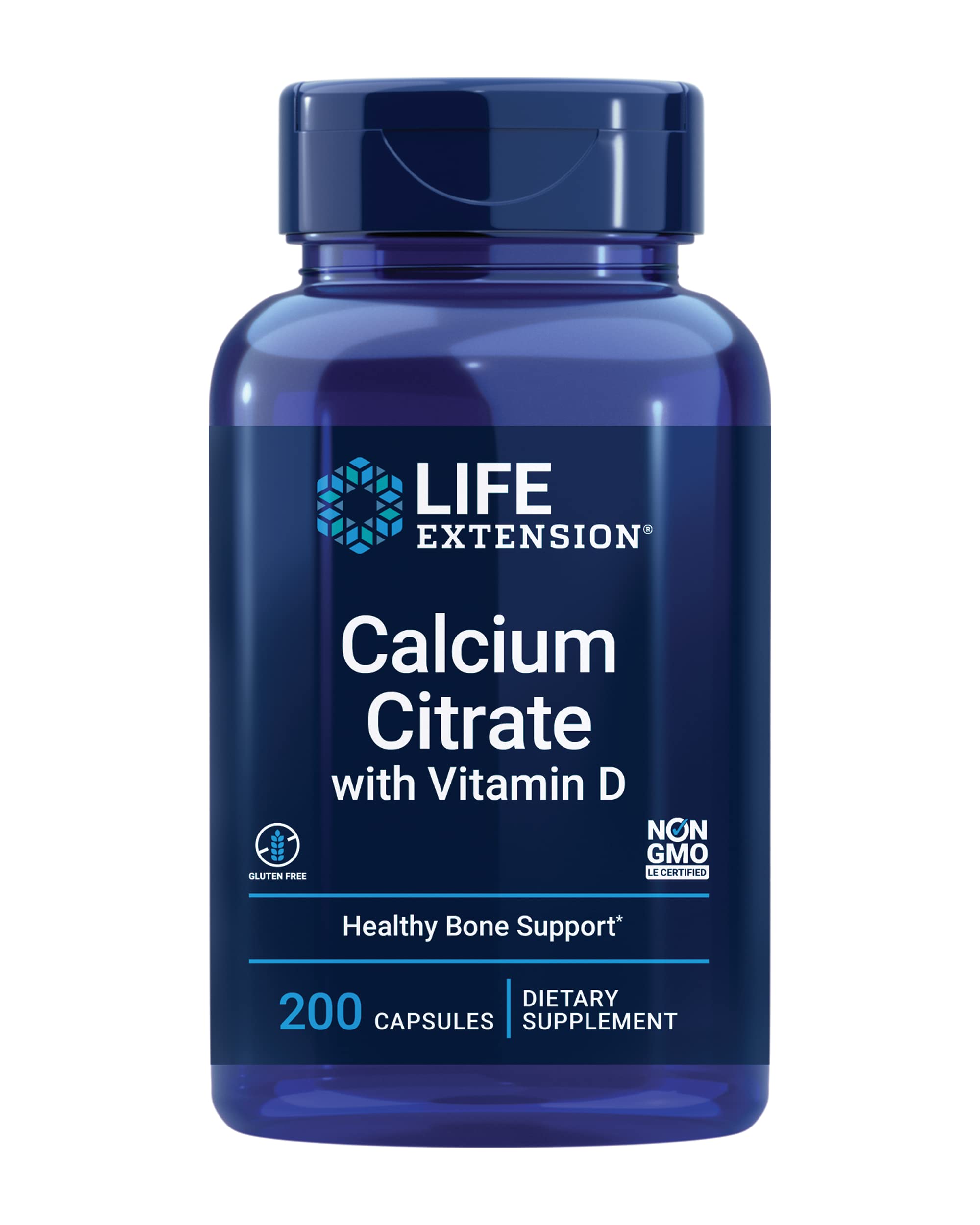 Life Extension Calcium Citrate bottle front view highlighting bone support with vitamin D3.