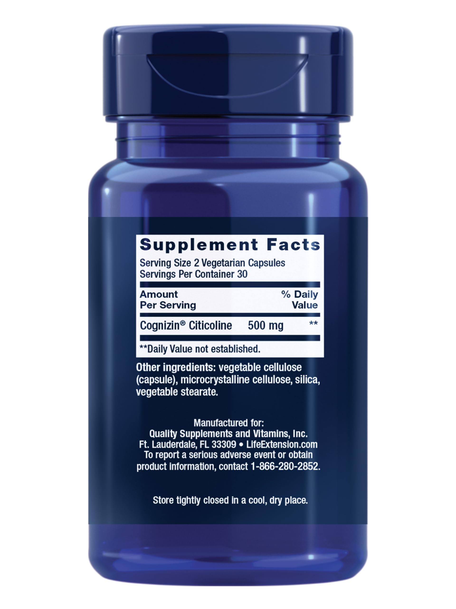 Life Extension Citicoline bottle label highlights non-GMO and gluten-free formula