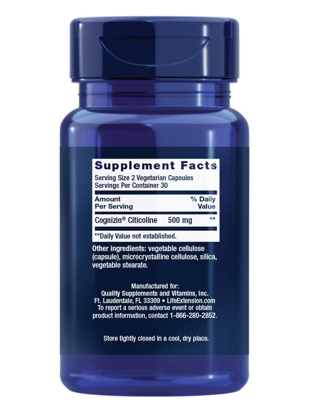 Life Extension Citicoline bottle label highlights non-GMO and gluten-free formula