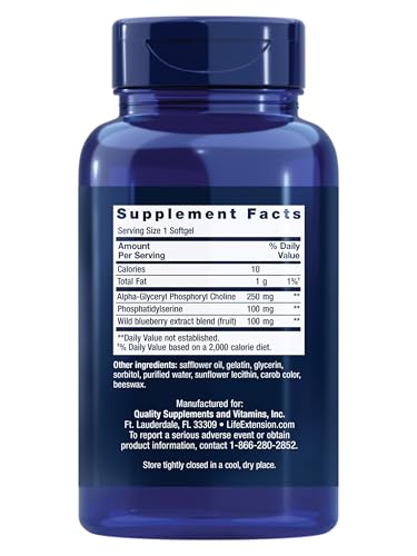 Close-up of Life Extension Cognitex Basics label highlighting ingredients and dosages.