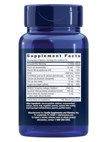 Life Extension Collagen Plus collagen-peptides close-up highlighting keratin support for hair.
