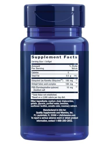 Life Extension CoQ10 softgel PQQ packaging emphasizes easy swallowing and enhanced absorption.