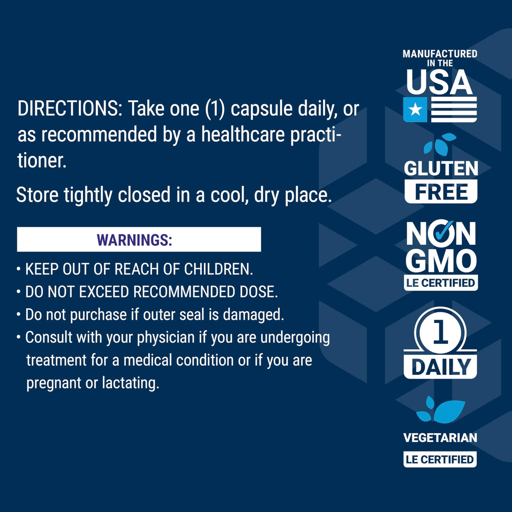 Life Extension Cortisol-Stress Balance label highlights gluten-free and non-GMO standards.