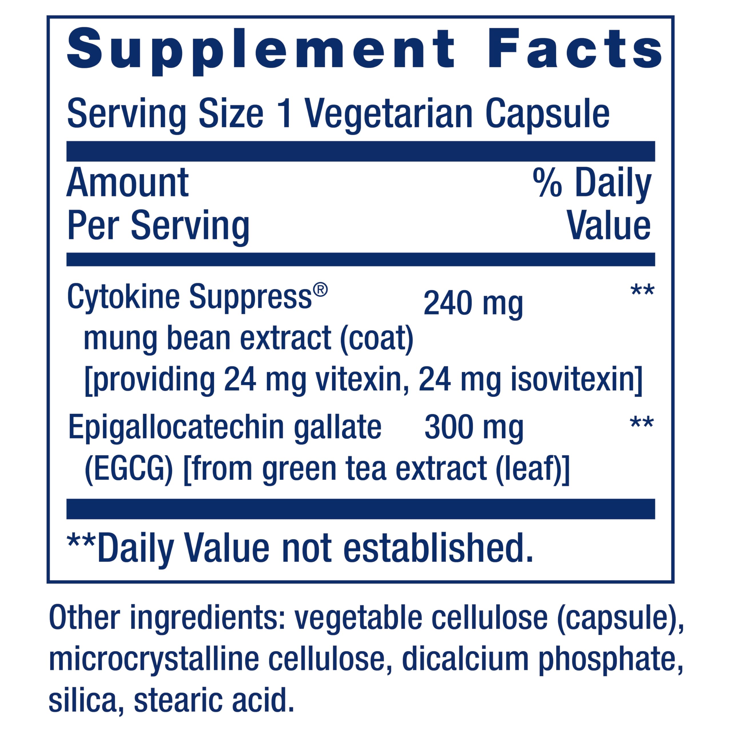 Life Extension Cytokine Suppress EGCG label front with clear ingredient highlights