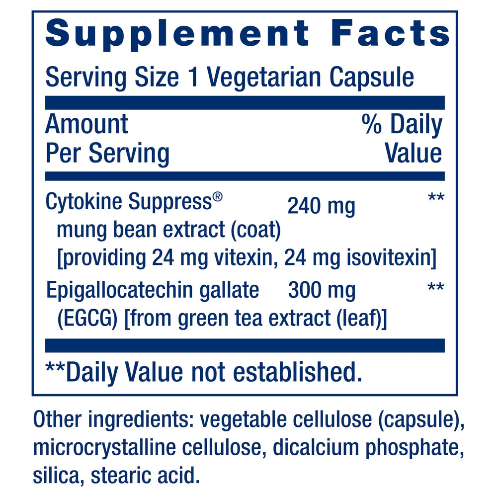 Life Extension Cytokine Suppress EGCG label front with clear ingredient highlights