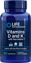Life Extension D and K with Sea-Iodine bottle on white, supports daily nutrient balance.