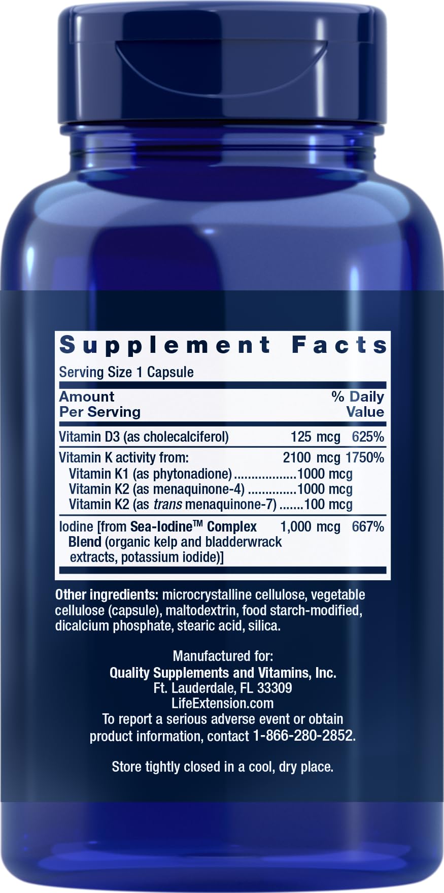 Life Extension D and K capsules closeup highlighting dosage for daily wellness.