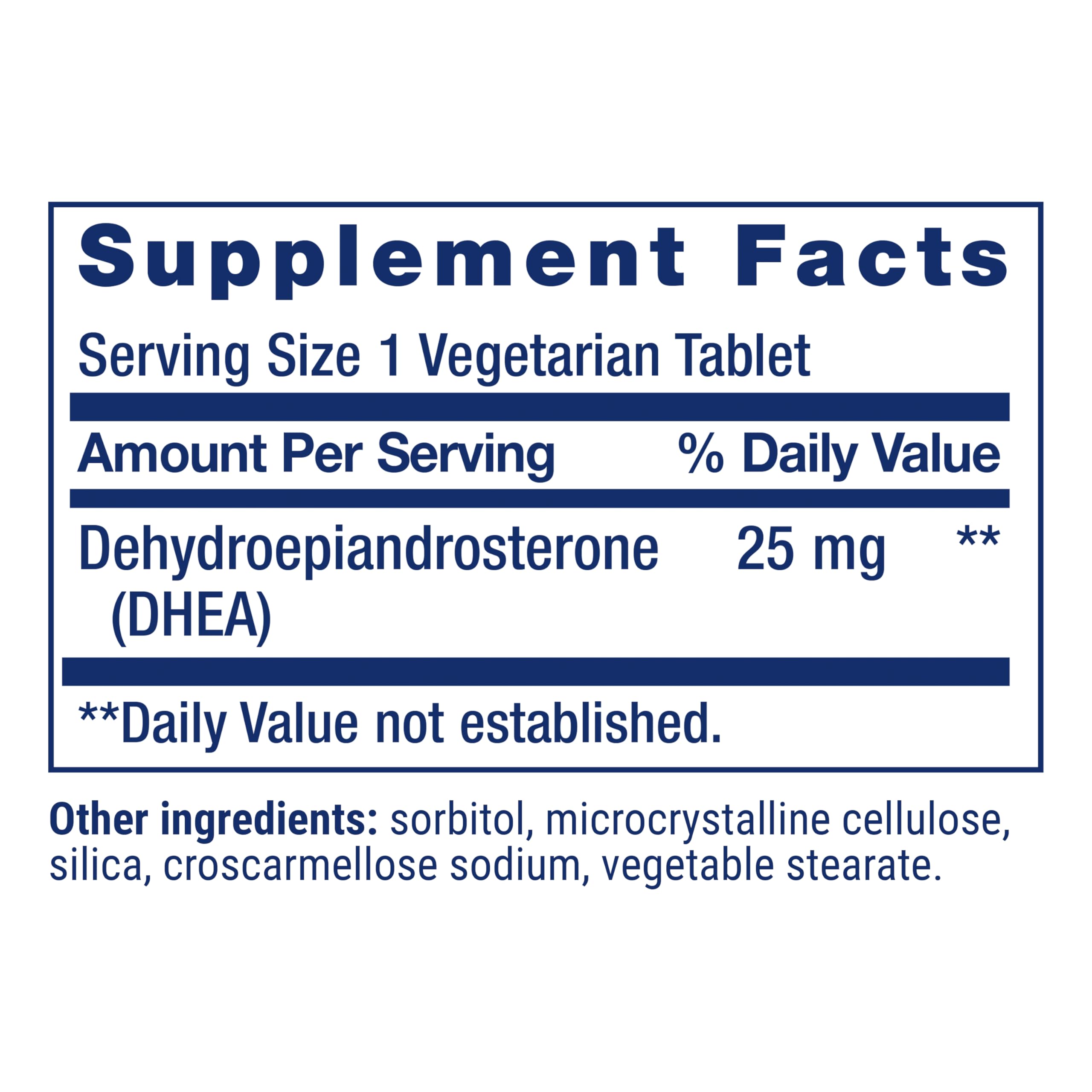 Life Extension DHEA 25 mg bottle close-up showing packaging and label.