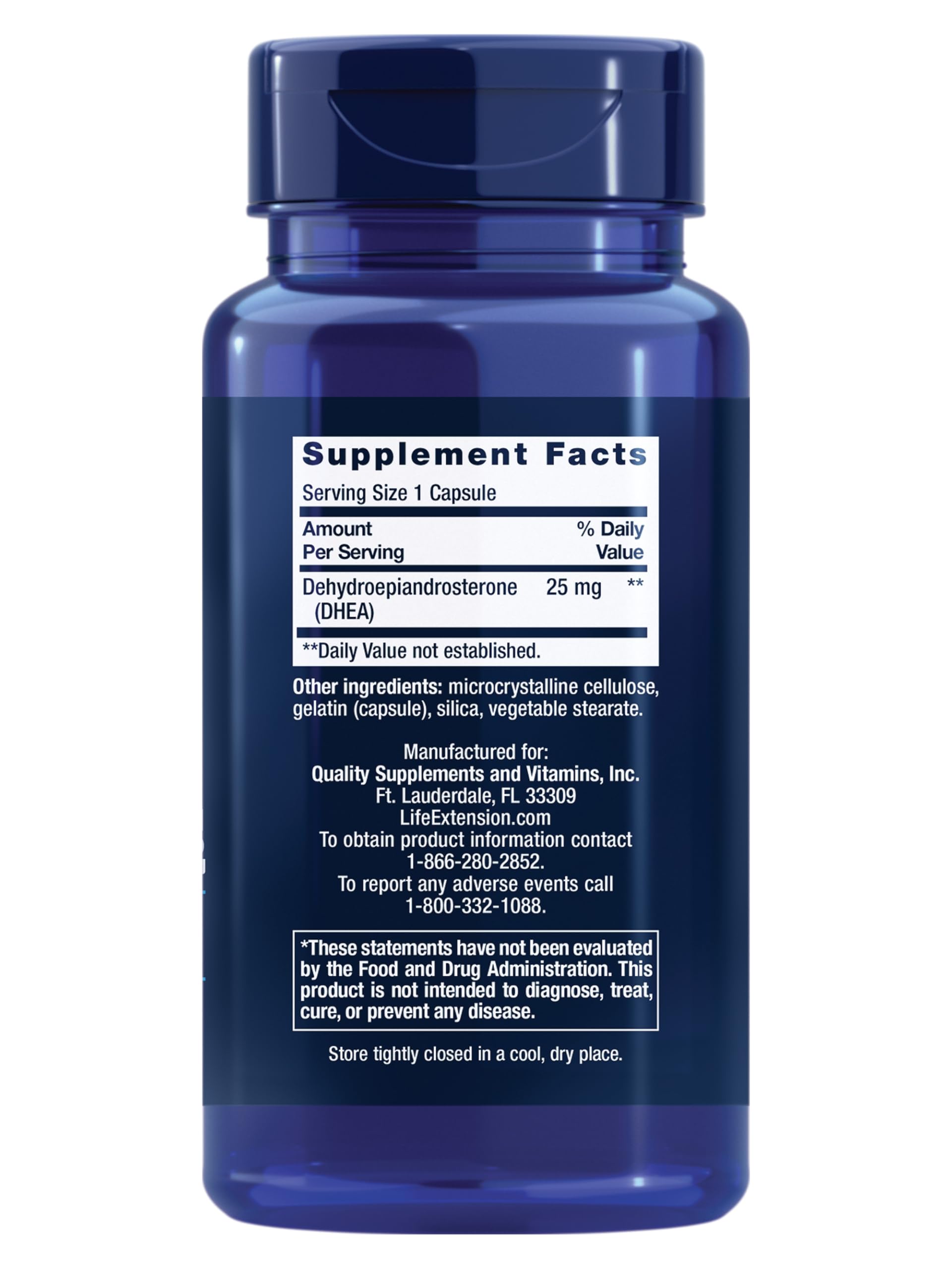 Life Extension DHEA 25mg capsules close up showing form