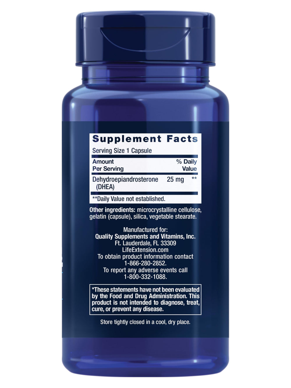 Life Extension DHEA 25mg capsules close up showing form
