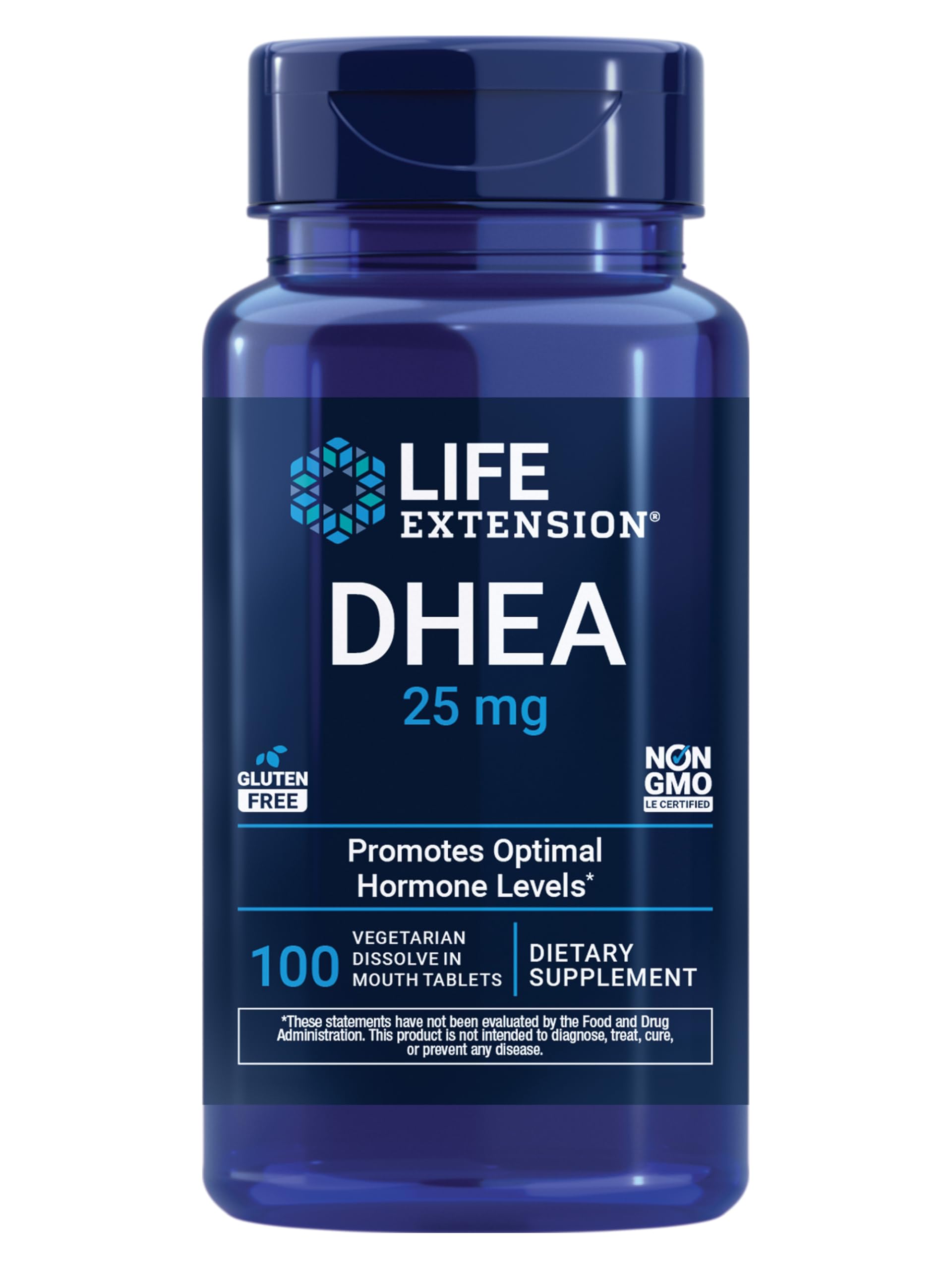 Life Extension DHEA 25 mg tablets front view, ready for daily use.